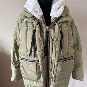 Artter Khaki Green Small Super Warm Zip Winter Coat Multiple Pockets Sherpa Hood